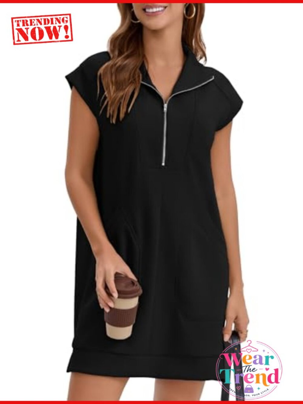 Polo Dress Cap Sleeve Collared Mini Tunic Summer with Pockets